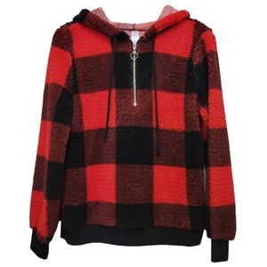 No Boundaries Plaid Checkered Quarter Zip Hoodie Sweatshirt Pullover